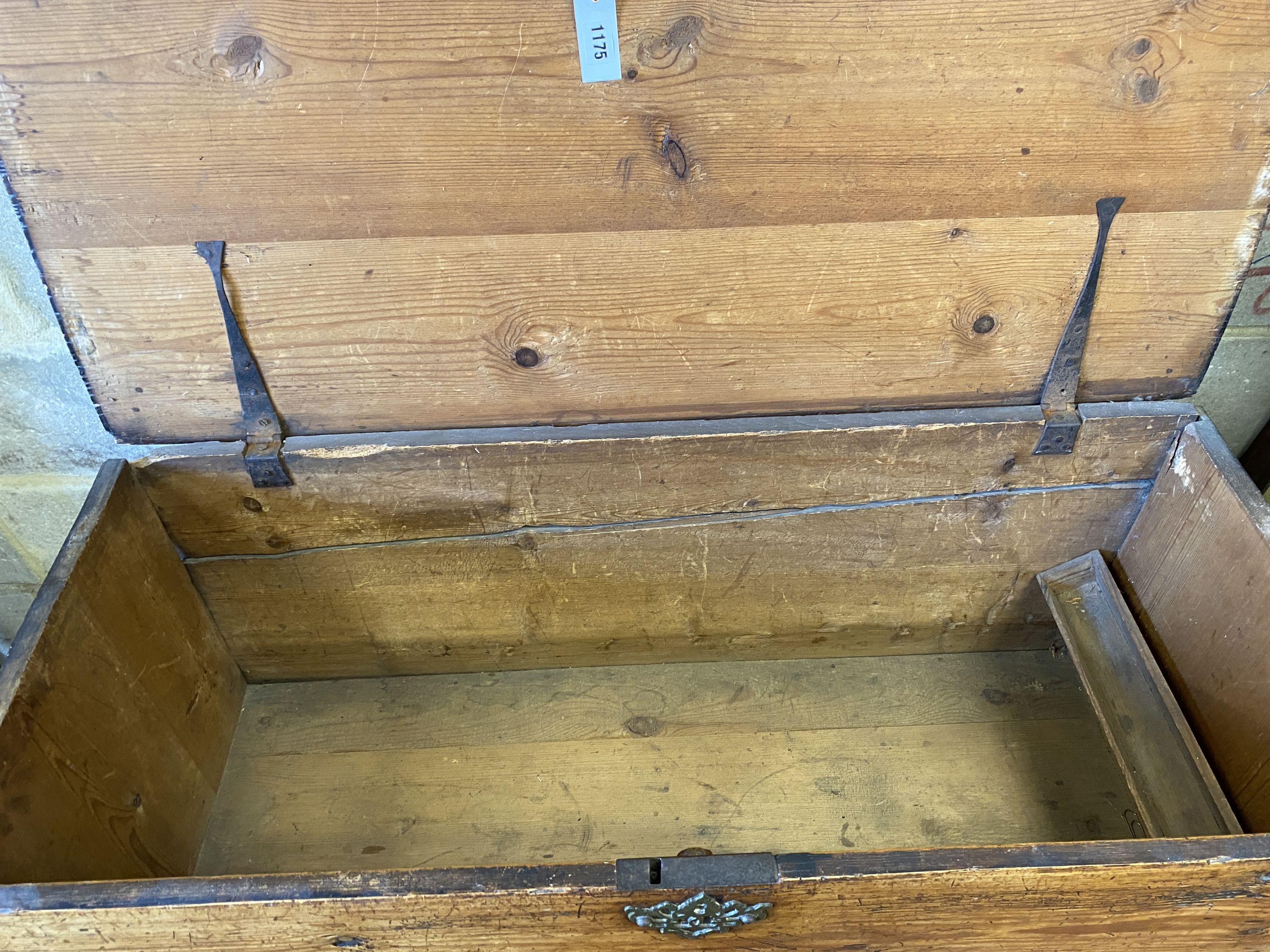 An 18th century pine mule chest, width 107cm, depth 46cm, height 67cm